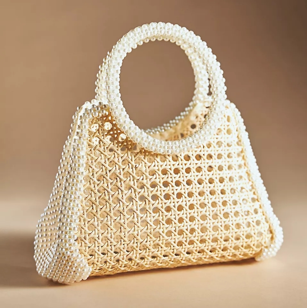 Anthropologie pearl embellished circle handle bag rattan raffia beaded bead